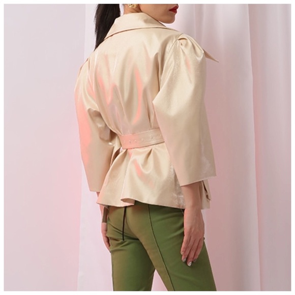 Cream Metallic Sheen Belted Jacket - Picture 5 of 15